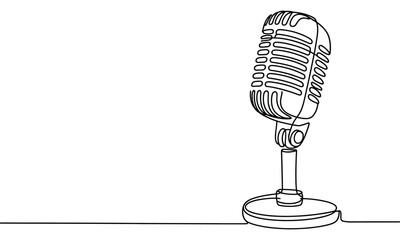 Vintage microphone drawn in continuous line style symbolizing podcasting, broadcasting, music, voice recording, and communication