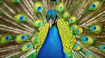 Obraz premium Close-up shot of peacock tail with eyespot patterns during courtship, showing fine details, vibrant textures, and exotic bird charm