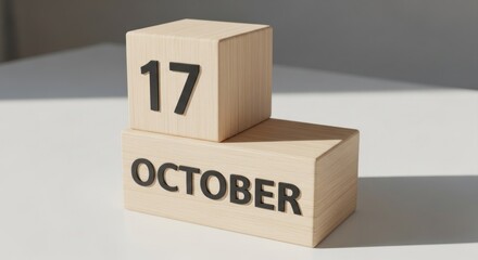 Wooden blocks display "17 OCTOBER" date, softly lit on a white surface with shadows