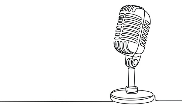 Vintage microphone drawn in continuous line style symbolizing podcasting, broadcasting, music, voice recording, and communication