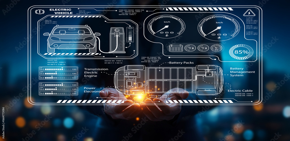 Poster futuristic electric vehicle dashboard interface showcasing battery management system and performance