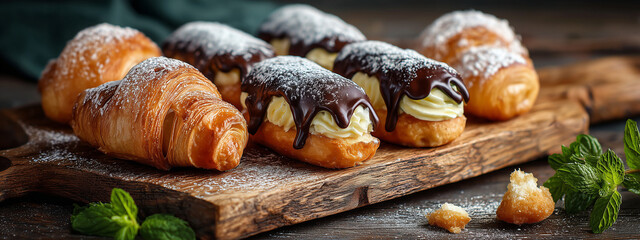 A delectable assortment of cream-filled pastries, including eclairs and croissants, topped with a rich chocolate drizzle and powdered sugar on a rustic wooden board. An ideal image for bakeries, menus