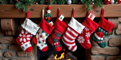 Cozy Christmas stockings hang from a rustic fireplace mantel, filled with festive treats and small gifts, fire, Christmas