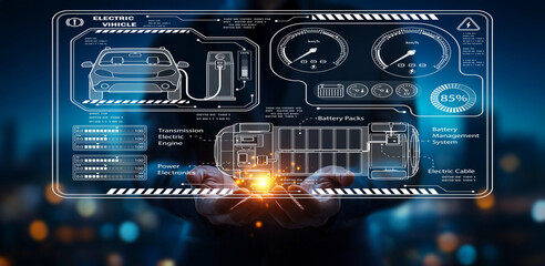 Futuristic electric vehicle dashboard interface showcasing battery management system and performance metrics with urban background featuring technology innovation