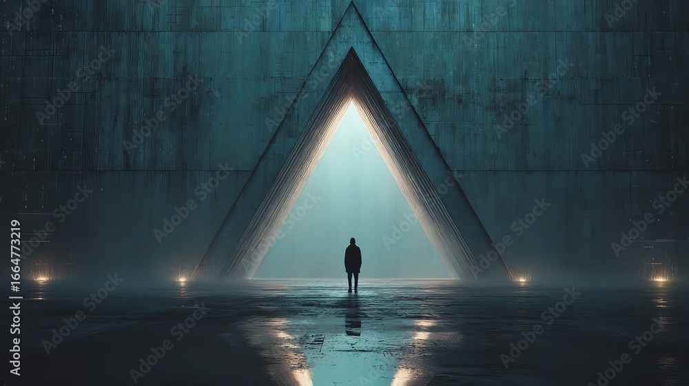 Poster Mysterious triangular portal beckons a lone figure into an ethereal and surreal lightscape.