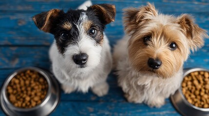 Two Cute Dogs Waiting Patiently for Food in Their Bowls