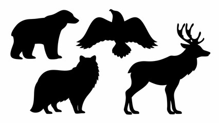 Obraz premium Silhouette of a bear, eagle, dog, and deer standing in a group on a white isolated background