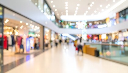 Blurred image of a bright, spacious shopping mall interior with shoppers and various stores
