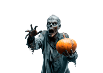 Zombie reaching with pumpkin: spooky halloween theme with undead character on transparent background, PNG