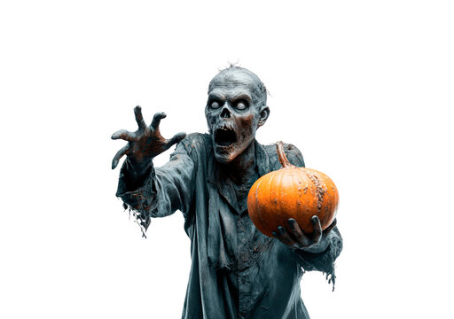 Zombie reaching with pumpkin: spooky halloween theme with undead character on transparent background, PNG