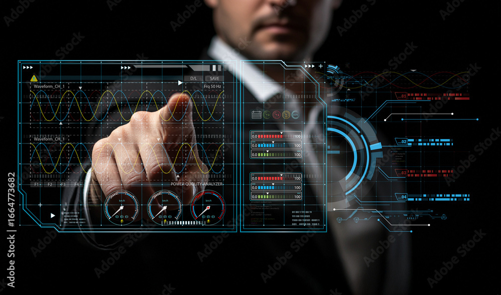 Fototapete business professional interacts with futuristic digital interface displaying analytics and data visu