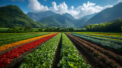 A picturesque organic farming scene brimming with vibrant crops, highlighting sustainable agriculture and robust food security