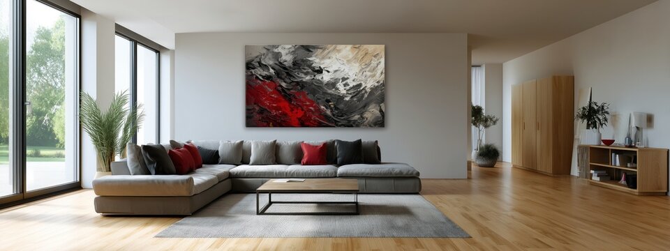 Peinture d'art abstrait dans un salon moderne, une toile aux couleurs grises et rouges sur le mur, un design minimaliste dans la pi&egrave;ce d'habitation, un parquet en bois et grandes fen&ecirc;tres.