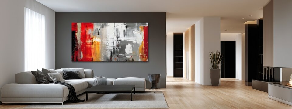 Peinture d'art abstrait dans un salon moderne, une toile aux couleurs grises et oranges sur le mur, un design minimaliste dans la pi&egrave;ce d'habitation, un parquet en bois et salle spacieuse.