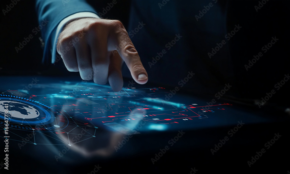 Poster futuristic businessman interacts with digital touchscreen technology in dark environment showcasing 