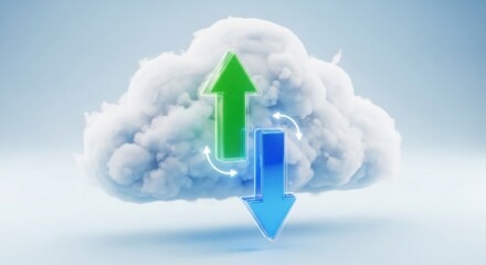 A fluffy white cloud with a green upward arrow and a blue downward arrow, joined by circular arrows, representing data transfer