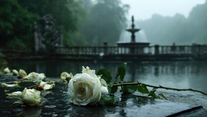 White roses by a misty fountain