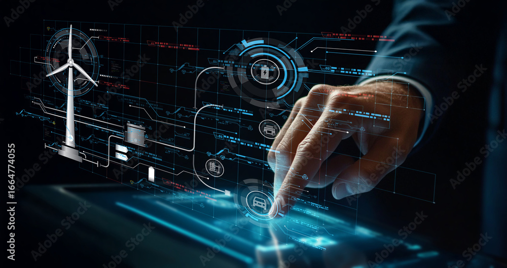Poster futuristic hand interaction with digital interface for renewable energy management and data visualiz