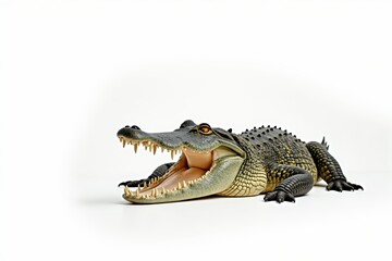 Fototapeta premium A large crocodile lies motionless on a pristine white background, its powerful jaws closed and eyes half-lidded in relaxation