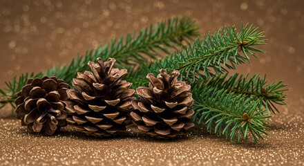 Fototapeta premium Pine cones and evergreen branches winter decoration