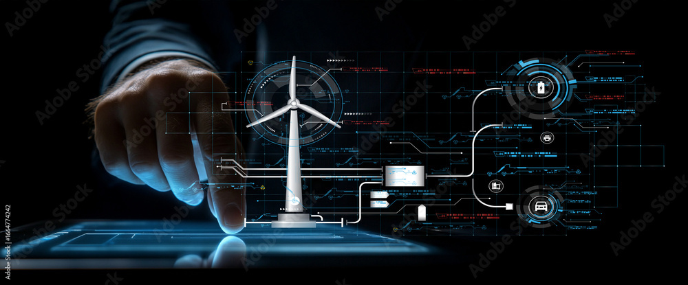 Poster close-up of a hand interacting with a digital touchscreen to control a wind turbine representing sma