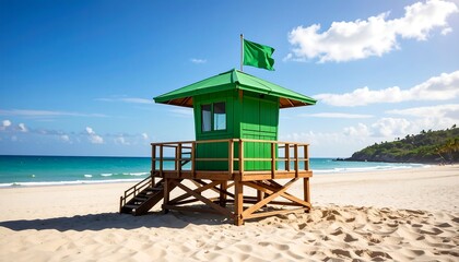 Obraz premium A vibrant green lifeguard stand stands watch over a pristine white-sand beach, bathed in the warm glow of a sunny day.