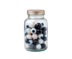 Jar of artificial glass eyes in various colors on transparent background, PNG