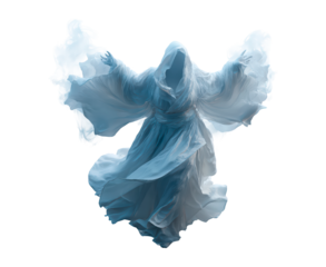 Ethereal cloaked figure in mystic robes with flowing fabric on transparent background, PNG