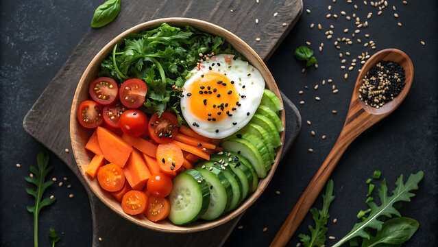 Vibrant and healthy breakfast bowl with fried egg avocado carrots tomatoes and greens