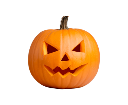 Spooky carved halloween jack-o'-lantern with triangle eyes and zigzag mouth on transparent background, PNG