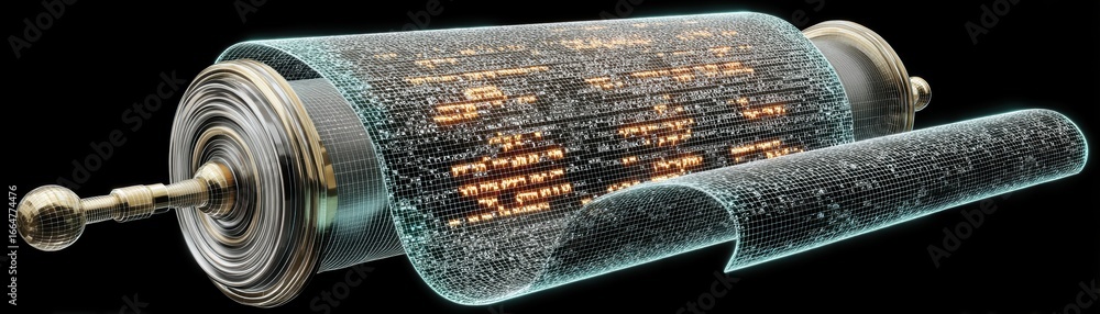 Poster a digital artwork featuring a torah scroll displayed in a hologram, enhanced by binary code elements