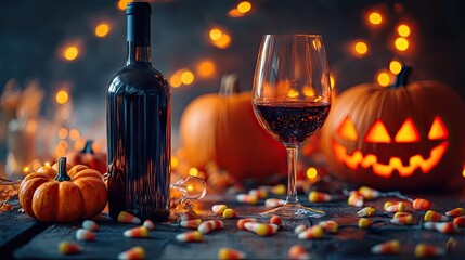 Festive Halloween still life with wine bottle and glass, placed among candy corn, pumpkins, and glowing orange string lights