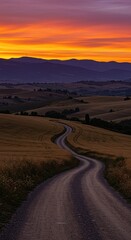Naklejka premium Winding dirt road through golden fields at vibrant sunset