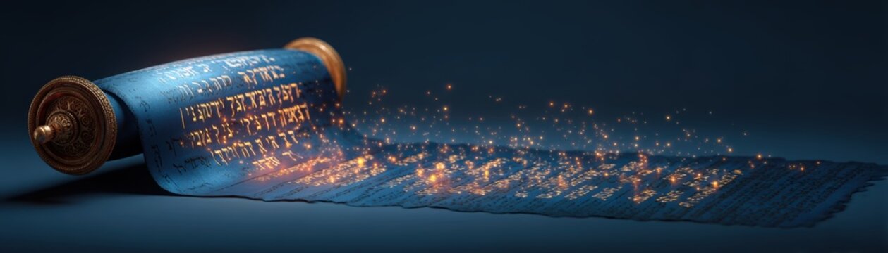 A beautifully animated AI-generated Torah scroll unfurling, featuring a glowing Hebrew text, perfect for cultural or religious themes, Yom Kippur Day with AI integrated