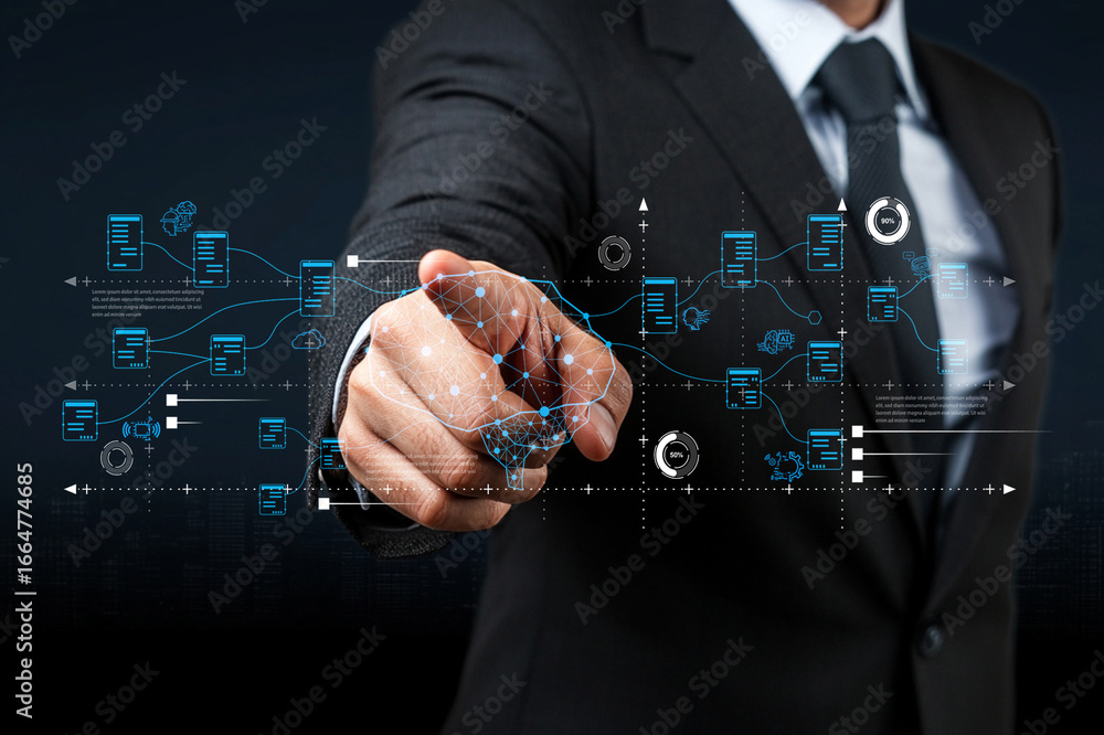 Aufkleber businessman interacting with digital interface representing data analytics and technology innovation