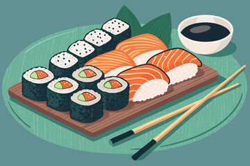 A vibrant sushi platter with nigiri, rolls, and chopsticks.