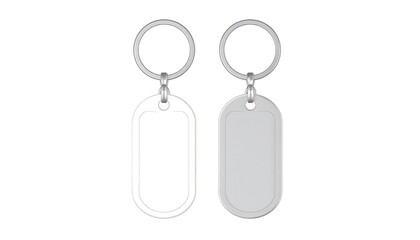 Two blank, metallic keychains, each featuring an oval-shaped tag, present a modern and minimalist design against a plain white background.