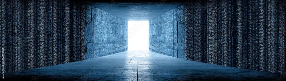 Poster digital artwork depicting binary code cascading down a digital wall, showcasing a blend of technolog