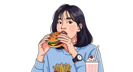Cartoon girl enjoying tasty burger with fries and milkshake