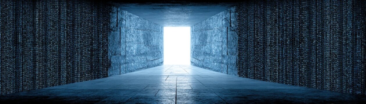 Digital artwork depicting binary code cascading down a digital wall, showcasing a blend of technology and abstract design elements, Yom Kippur Day with AI integrated