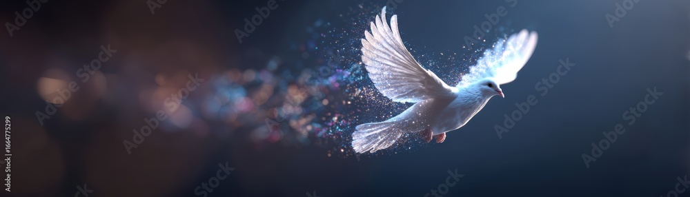 Poster dissolving digital dove transforming into light, showcasing a blend of technology and art in a uniqu