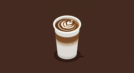 Isometric Coffee Latte in Takeaway Cup with Latte Art Illustration on Brown Background