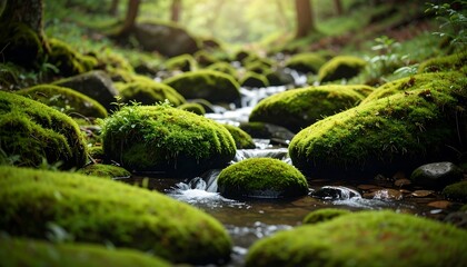 Lush forest stream flowing over mossy rocks