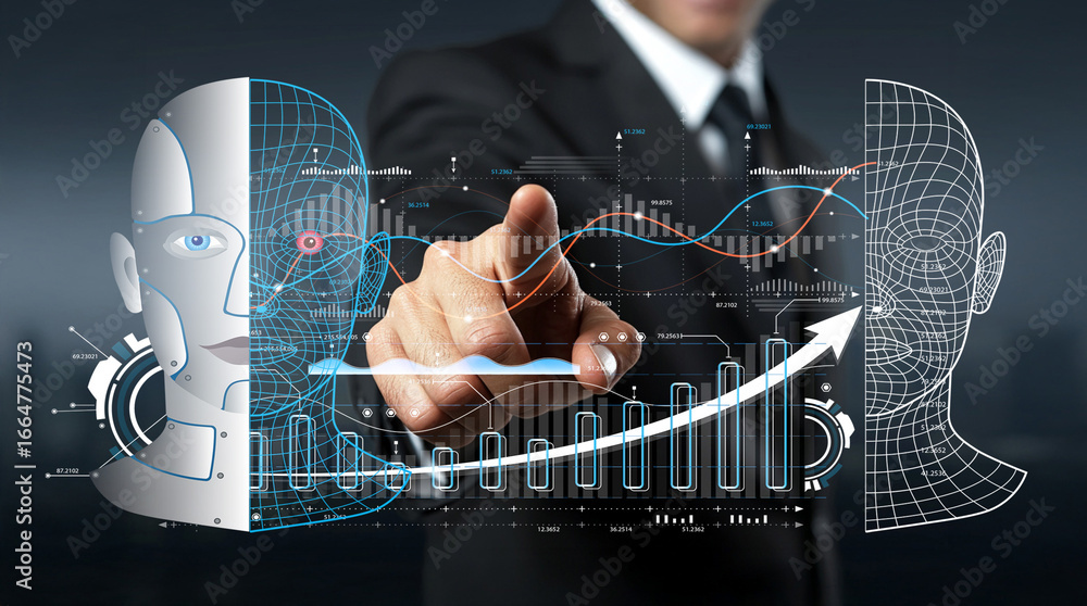 Poster futuristic businessman interacting with digital interface featuring human and robot faces with chart