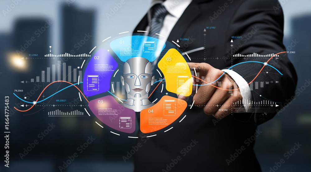 Poster business professional interacting with artificial intelligence graphic interface displaying data ana