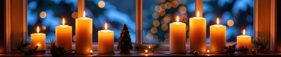 Scented Christmas window candles create a warm, festive glow. Perfect for holiday decorating, these pillar candles add ambiance to any room, christmas decorations, pine, festive candles