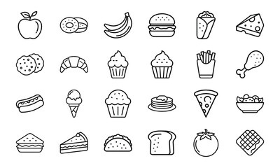 Food and Drink Line Icons Set – Fast Food, Burger, Pizza, Hotdog, Sandwich, Cupcake, Muffin, Ice Cream, Salad, Cheese, Bread, Fruits and Vegetables Outline Vector Illustrations
