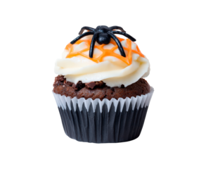 Halloween chocolate cupcake with spider decoration and orange icing on transparent background, PNG