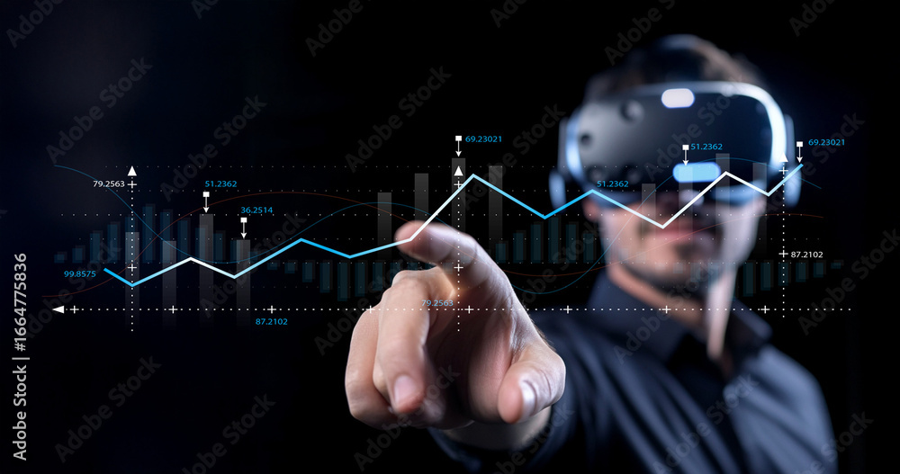 Poster person wearing virtual reality headset engaging with interactive data visualization in immersive dig