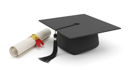 A rolled parchment scroll tied with a red ribbon and seal next to a black mortarboard cap with a tassel, all set on a white background